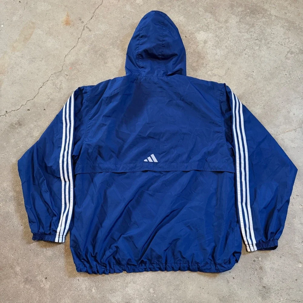 Adidas Windbreaker Men XL Navy Blue Vintage 3-Stripe Hooded Pullover AO2001